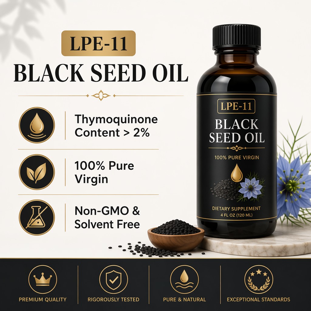 Pure Cold Pressed Black Seed Oil LPE-11 Natural Nigella Sativa Oil Rich in Thymoquinone for Immune Support and Skin Care