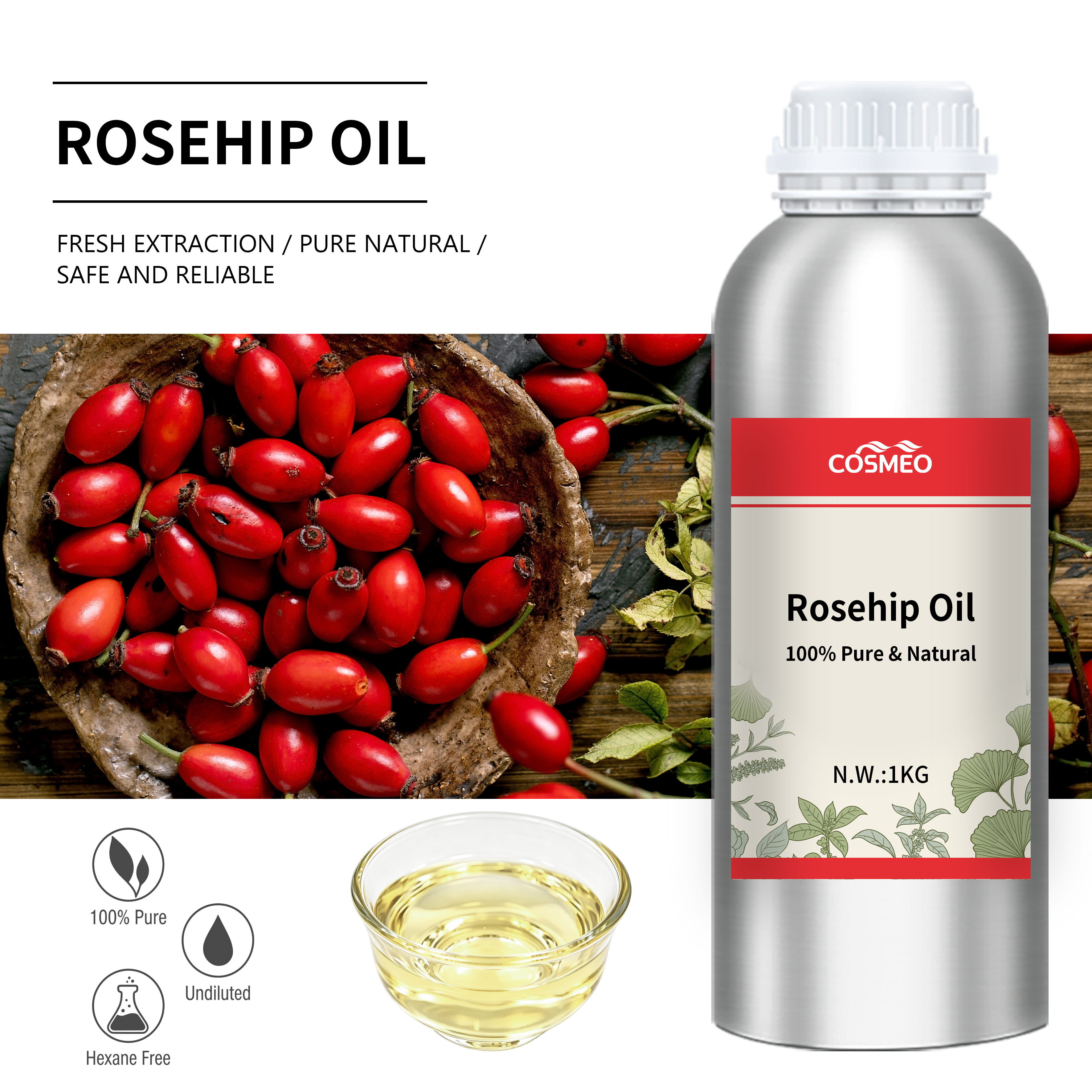100% Pure Natural Cold Pressed Refined Rosehip Seed Oil Cosmetic Grade Light Yellow Carrier Oil 180kg Drum