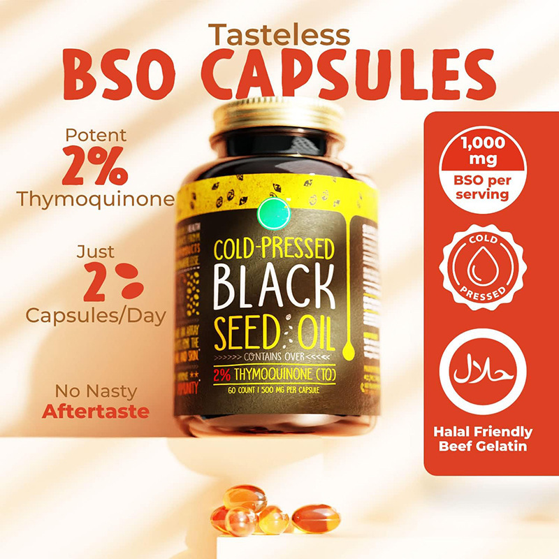 OEM Package Adult Black Seed Oil Softgels 100% Cold Pressed Sugar Free 60 Count Immune Support Pure Black Cumin Seed Oil