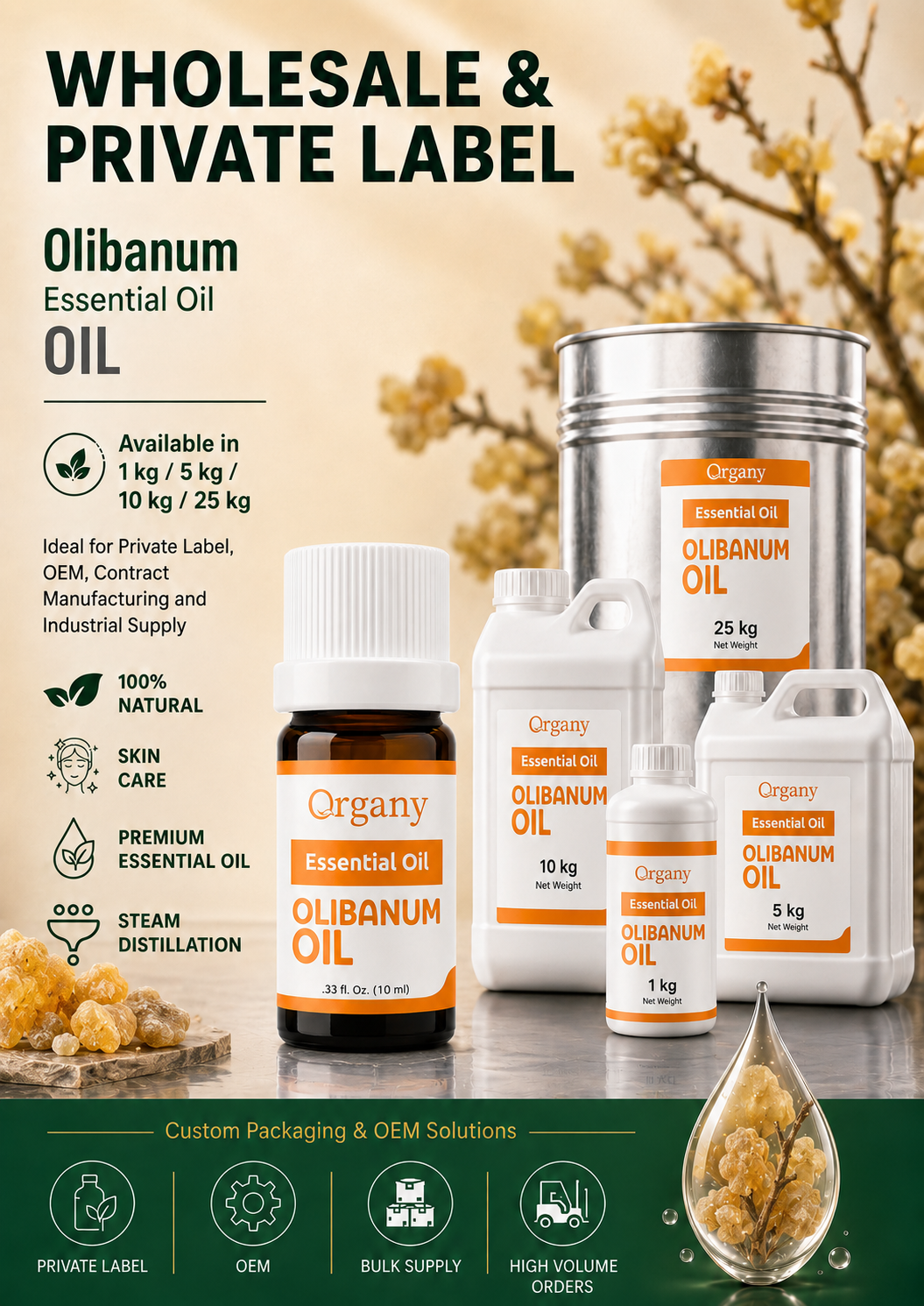 100% Pure Frankincense Essential Oil Boswellia Carterii Steam Distilled Wholesale Private Label OEM Anti Aging Brightening
