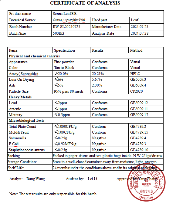 Ruiwo Phytochem Food Grade Senna Leaf Extract Powder 10:1 20:1 Herbal Extract for Oral Supplement