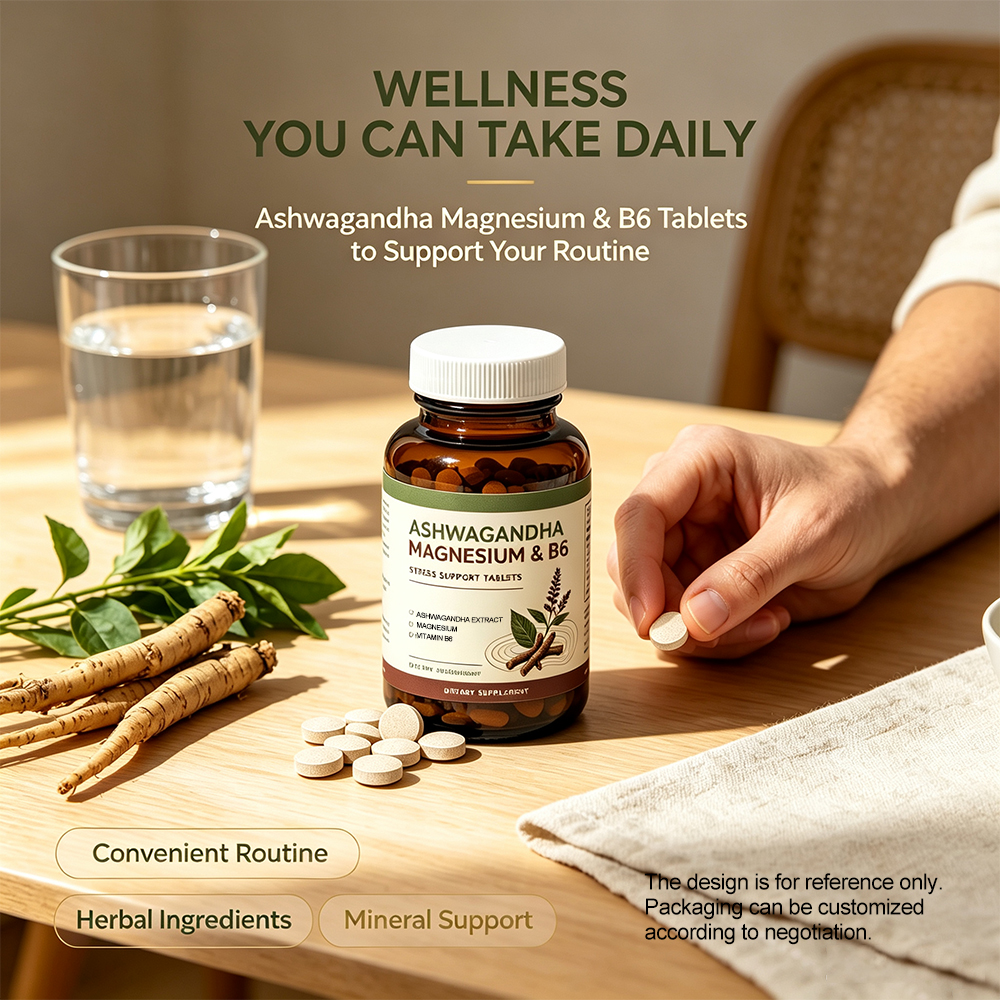 Private Label Ashwagandha Stress Tablets | Ashwagandha + Magnesium + Vitamin B6 | Calm &amp; Stress Support Wellness OEM ODM