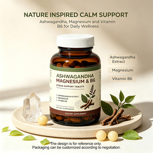 Private Label Ashwagandha Stress Tablets | Ashwagandha + Magnesium + Vitamin B6 | Calm &amp; Stress Support Wellness OEM ODM