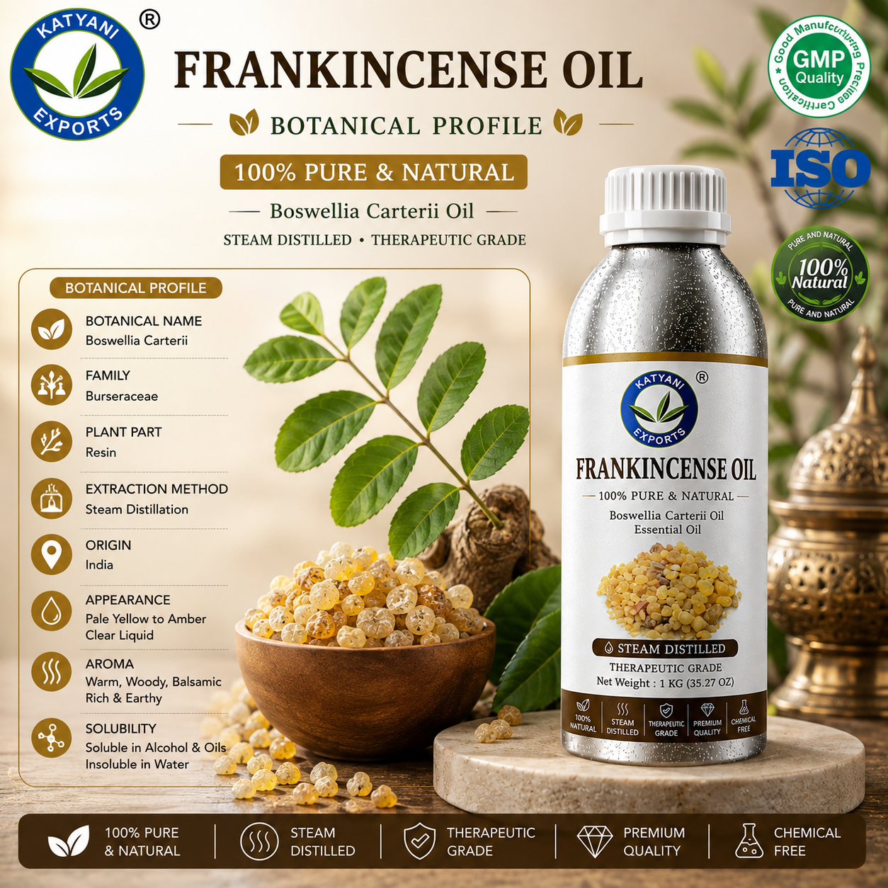 Therapeutic Grade Frankincense Essential Oil 100% Pure &amp; Natural Steam Distilled Resin Oil - Bulk Supplier &amp; Manufacturer India