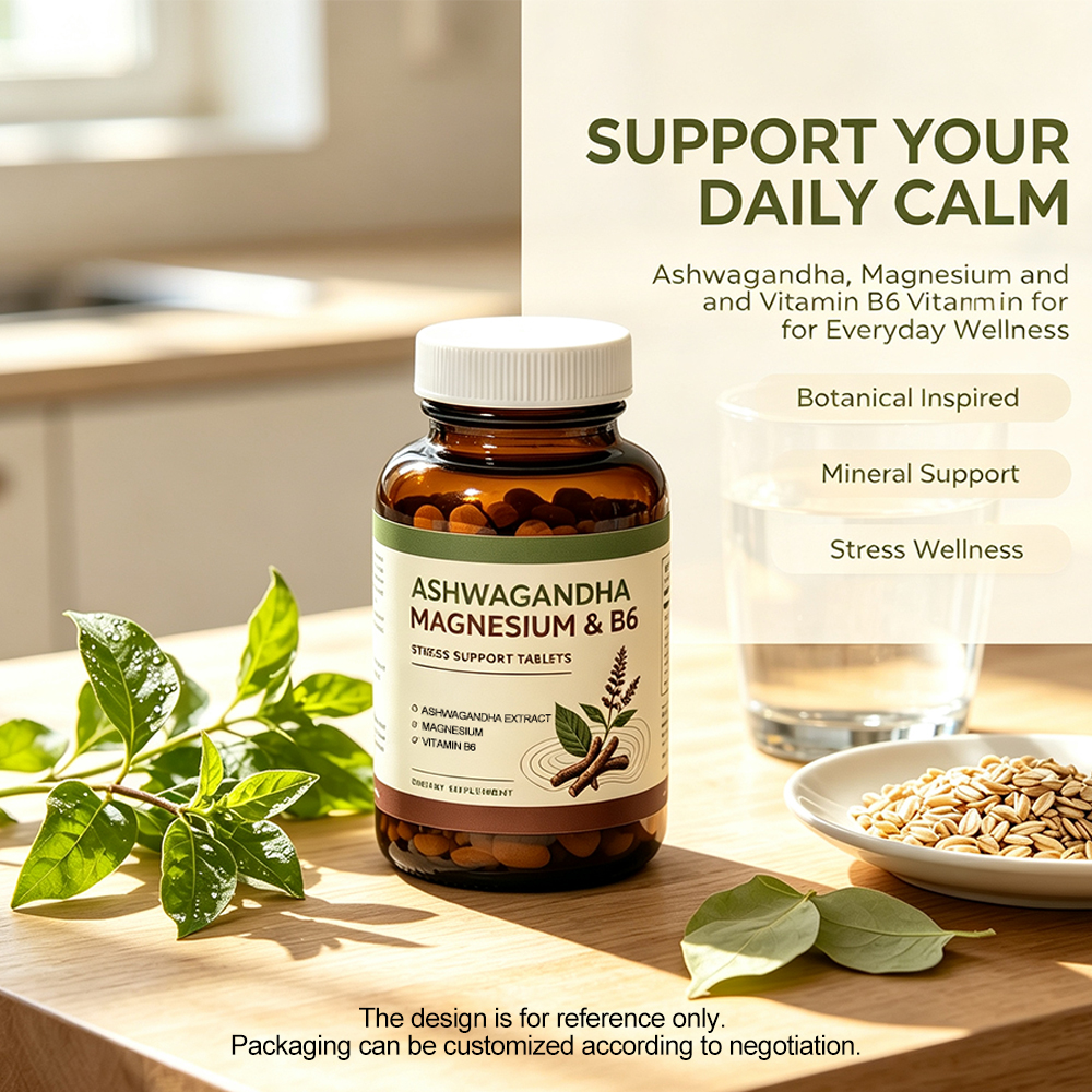 Private Label Ashwagandha Stress Tablets | Ashwagandha + Magnesium + Vitamin B6 | Calm &amp; Stress Support Wellness OEM ODM