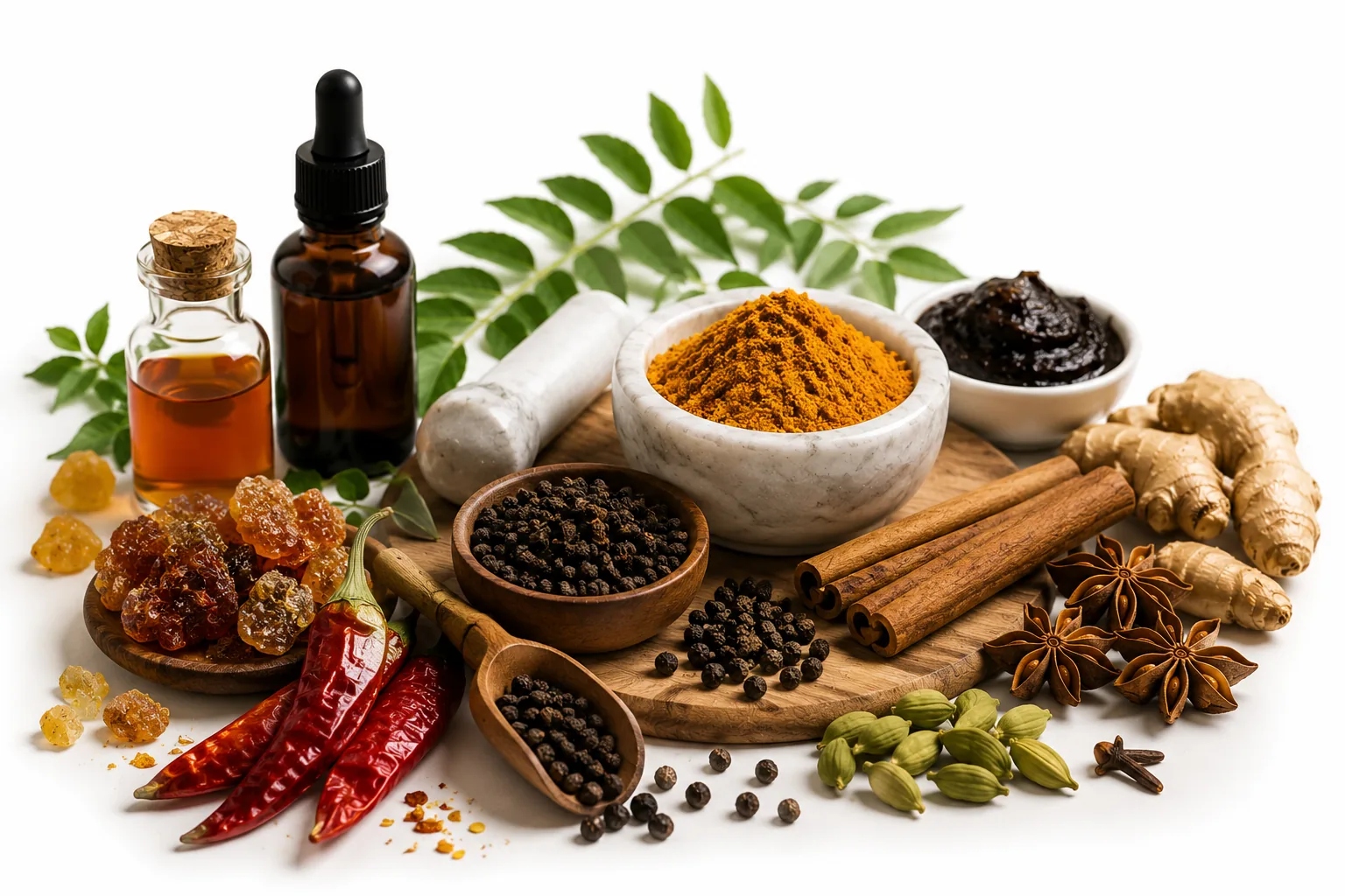 Authentic Indian herbal and spice extracts — Turmeric, Boswellia, Black Pepper, and Ashwagandha